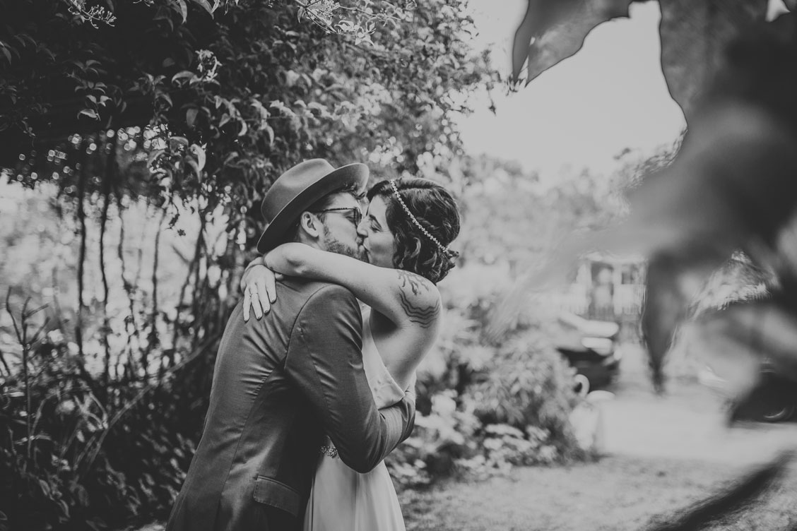 Kiss after the first look at foggy Stinson Beach Wedding by Becca Henry Photography