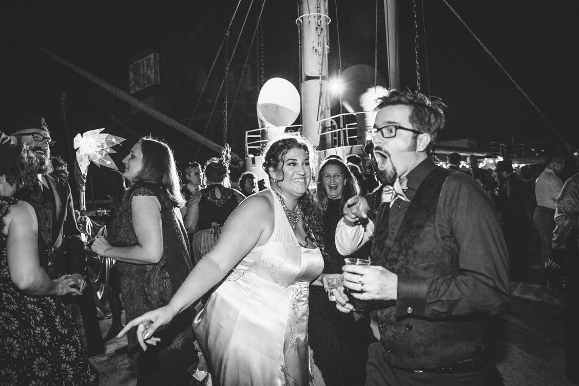 Wedding couple dancing the night away at the reception on the SS Red Oak Victory by Becca Henry Photography.