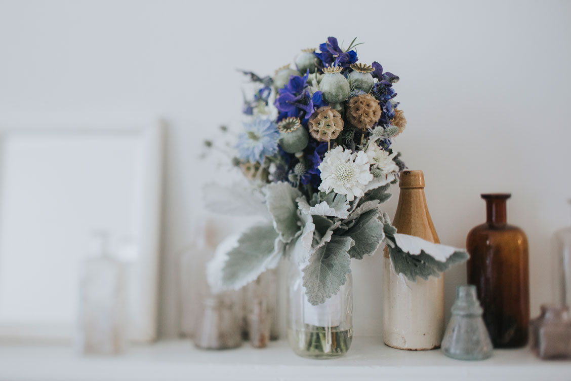 Mendocino wedding detail -Delicate bouquet indigo and sage green by Becca Henry Photography