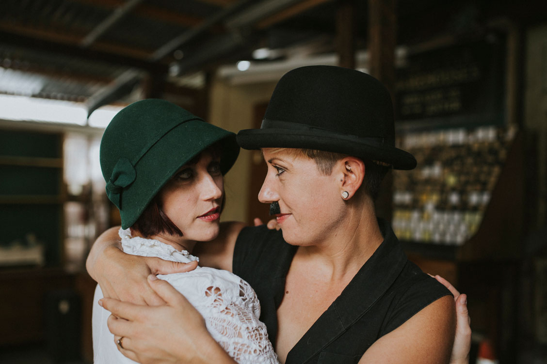 Editorial engagement photography Charlie Chaplin and ingenue at Ohmega Salvage