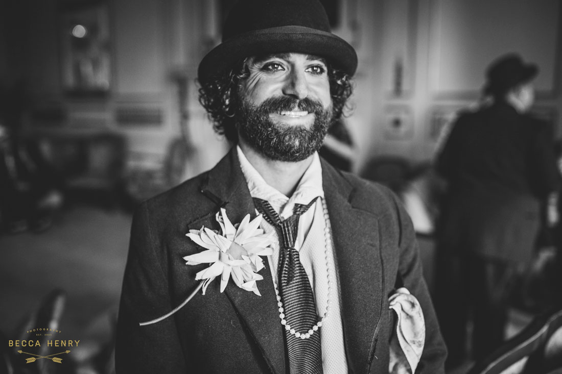 Oakland Bellevue Hotel 1920's Wedding Ceremony- Officiant dressed as Charlie Chaplin by Becca Henry Photography
