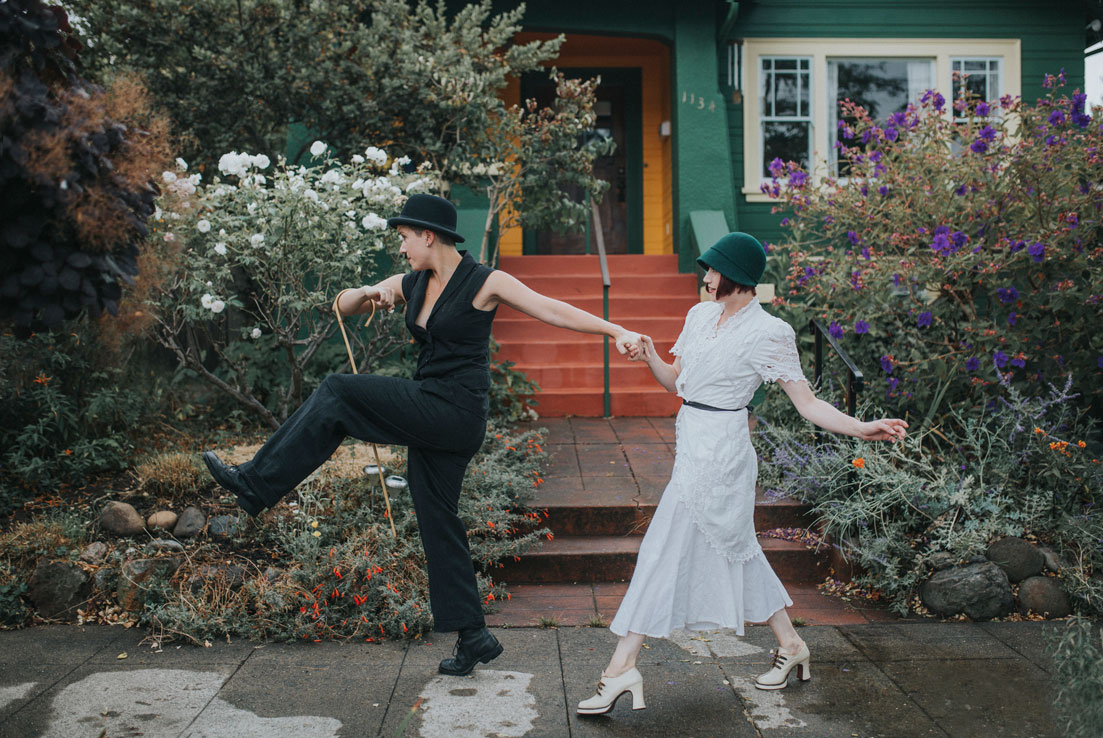 Day after wedding session in Berkeley- dressed as Charlie Chaplin and ingenue by Becca Henry Photography