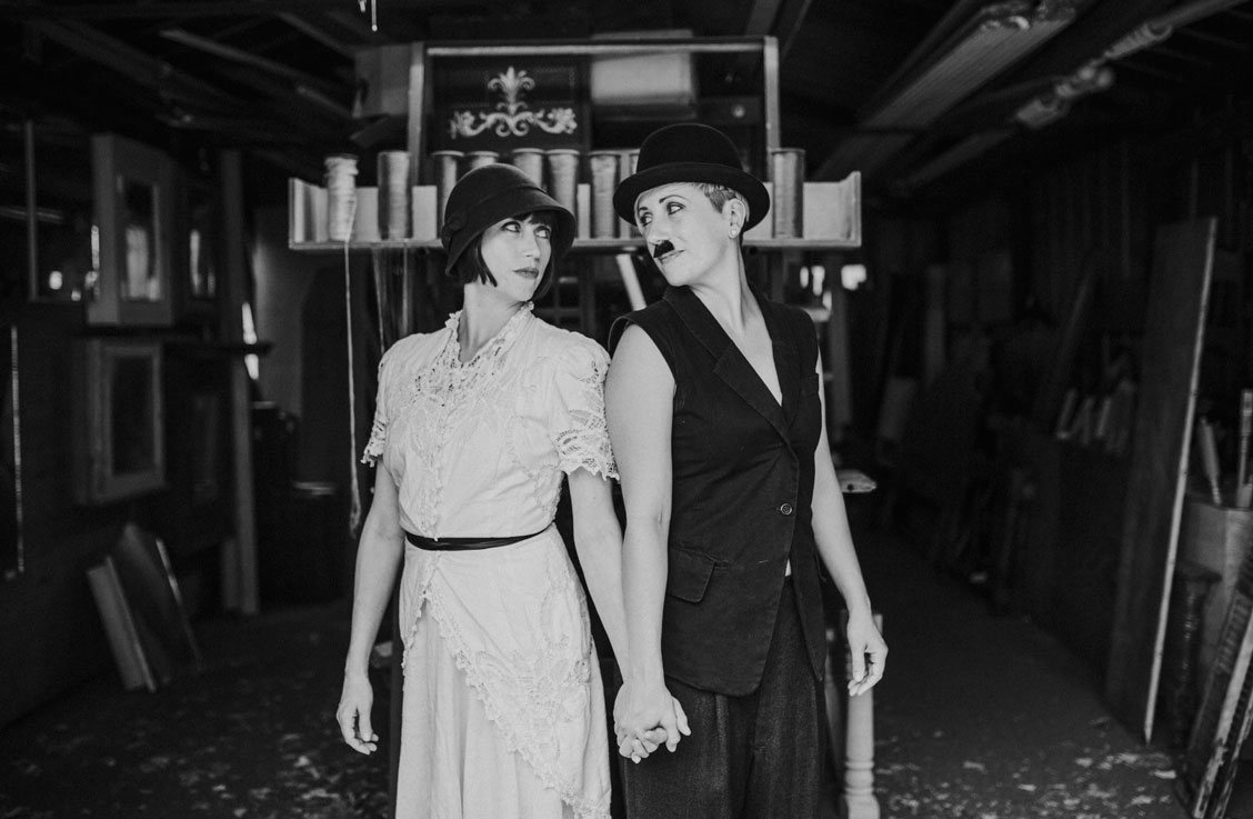 Day after wedding session at Ohmega Salvage in Berkeley- dressed as Charlie Chaplin and Ingenue by Becca Henry Photography