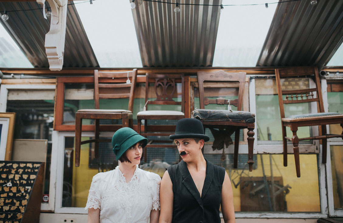 Day after wedding session at Ohmega Salvage in Berkeley- dressed as Charlie Chaplin and Ingenue by Becca Henry Photography
