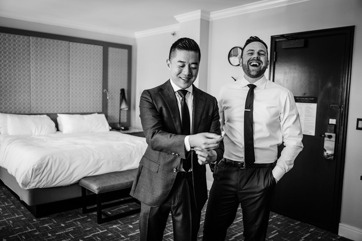 The University Club of San Francisco Wedding -Grooms having an awesome time getting ready for their wedding day