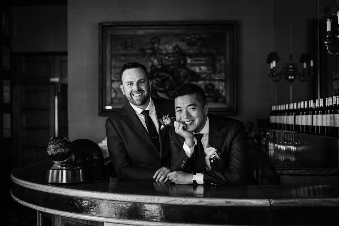 2 handsome grooms chillin' in the cool bar at The University Club of San Francisco