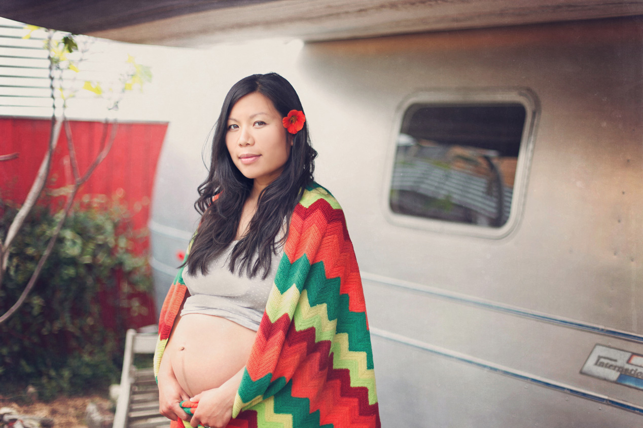 Becca Henry Photography - Oakland Maternity photography-Vintage styled beautiful momma to be in front of Airstream.